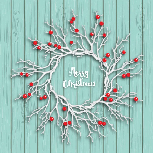 Christmas wreath on blue wooden background, illustration — Stock Vector