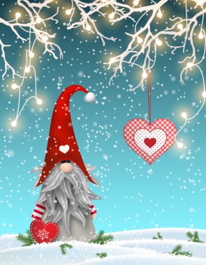 İskandinav Noel geleneksel gnome, lokma ayakta uder elektrik ışıkları ile dekore edilmiş ve kırmızı kalp, illüstrasyon asılı şubeleri