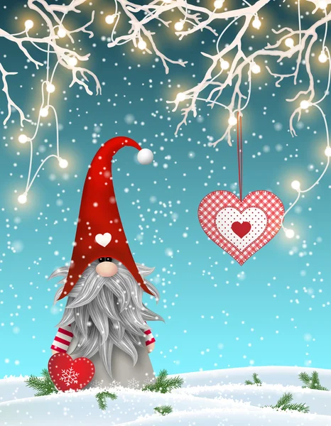 Scandinavische kerst traditionele gnome, Tomte staande uder takken versierd met elektrische verlichting en opknoping rood hart, illustratie — Stockvector