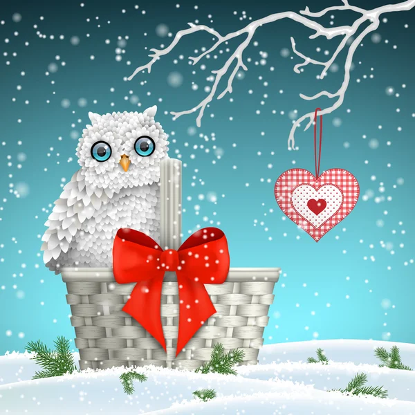 Christmas motive, cute white owl sitting on old basket with big red ribbon, illustration — Stock Vector