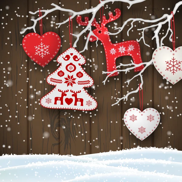 Joulumotiivi, erilaiset punaiset ja valkoiset koristeet roikkuvat kuivalla oksalla ruskean puuseinän edessä, kuva — vektorikuva