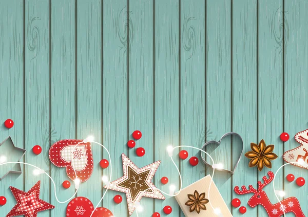 Sfondo di Natale, piccole decorazioni in stile scandinavo sdraiato sulla scrivania di legno blu, illustrazione — Vettoriale Stock