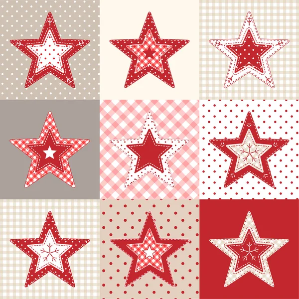 Ensemble d'étoiles décoratives patchwork rouge et bleu, illustration de motif de Noël — Image vectorielle