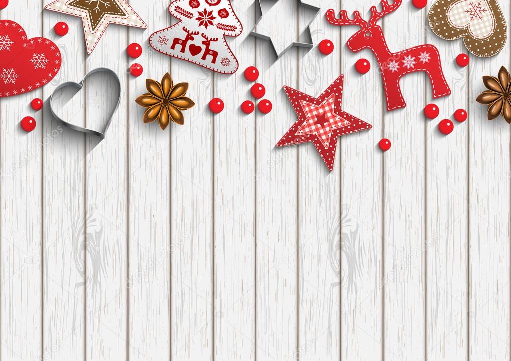 Christmas background, small scandinavian styled decorations lying on white wooden backdrop, illustration