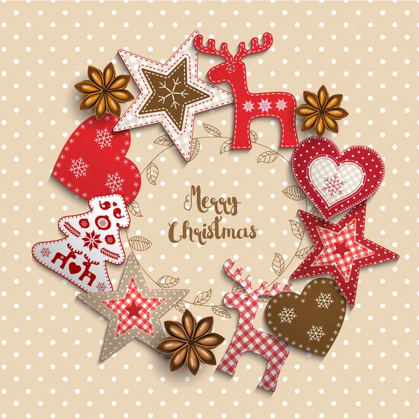 Jul motiv, små skandinaviska stil dekorationer liggande på beige polka prickig bakgrund, illustration — Stock vektor