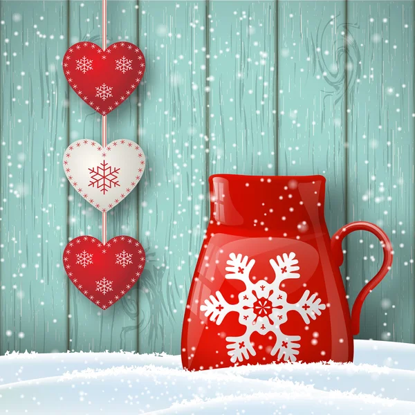 푸른 나무 벽, 그림 앞에서 귀여운 장식으로 크리스마스 테마, 빨간색 컵 — 스톡 벡터