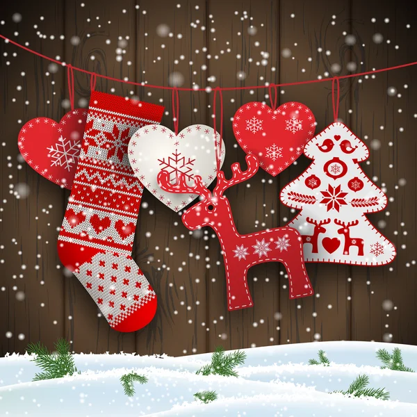 Dekoracje na Boże Narodzenie folklorystyczne wiszące przed ciemnobrązowe drewniane ściany, ilustracja — Wektor stockowy