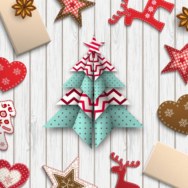 Albero di Natale origami rosso, bianco e blu, tema vacanza, illustrazione — Vettoriale Stock