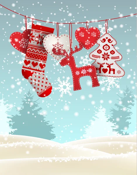 Red knitted christmas stocking with some scandinavian traditional decorations hanging in front of simple winter landscape, illustration — Stockový vektor