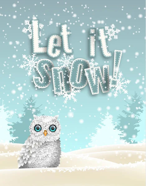 Tema de invierno de vacaciones, búho blanco sentado en la nieve, ilustración — Vector de stock