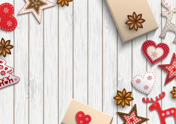 Motivo di Natale, piccole decorazioni in stile scandinavo sdraiato sulla scrivania di legno, illustrazione — Vettoriale Stock