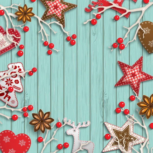 Abstrato fundo de Natal, ramos secos com bagas vermelhas e pequenas decorações estilo escandinavo deitado sobre mesa de madeira, ilustração — Vetor de Stock