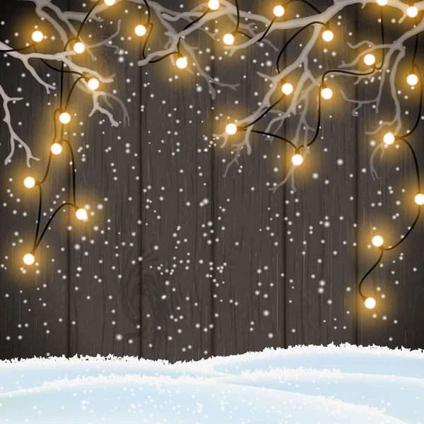 Kerstmis achtergrond, geel licht op donker hout, illustratie — Stockvector