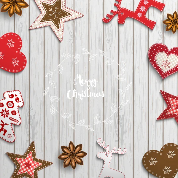 Jul motiv, små skandinaviska stil dekorationer liggande på trä skrivbord, illustration — Stock vektor