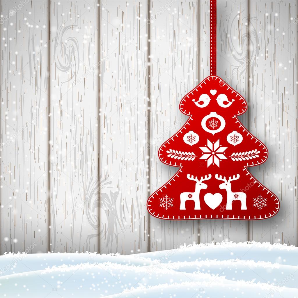 Christmas decoration in scandinavian style, red rich decorated tree in front of white wooden wall, illustration