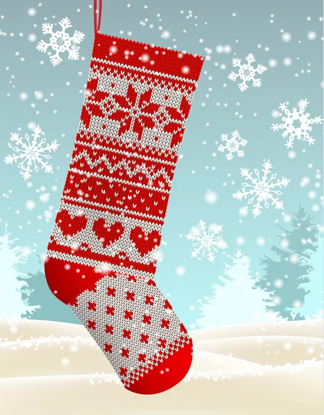 Tema de invierno de vacaciones, medias de Navidad de punto rojo, ilustración — Vector de stock
