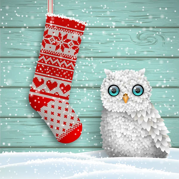 Malha Natal meia e coruja branca bonito, ilustração —  Vetores de Stock
