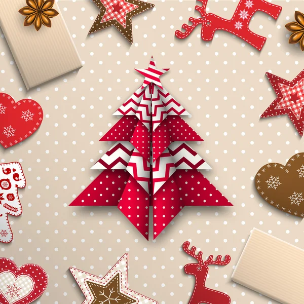 Czerwony i origami chritmas drzewo, tematem wakacje, ilustracja — Wektor stockowy