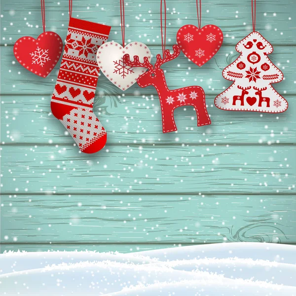 Decorazioni folcloristiche natalizie appese davanti alla parete di legno blu, illustrazione — Vettoriale Stock