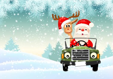 Santa onun ren geyiği kış manzara, illüstrasyon yoluyla bir araba ile