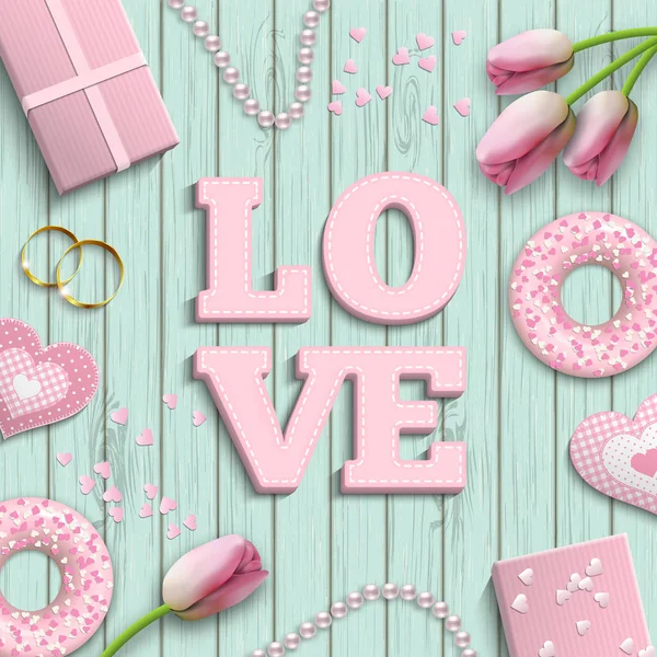 Lettere rosa LOVE, motivo romantico, ispirato allo stile flat lay, illustrazione — Vettoriale Stock