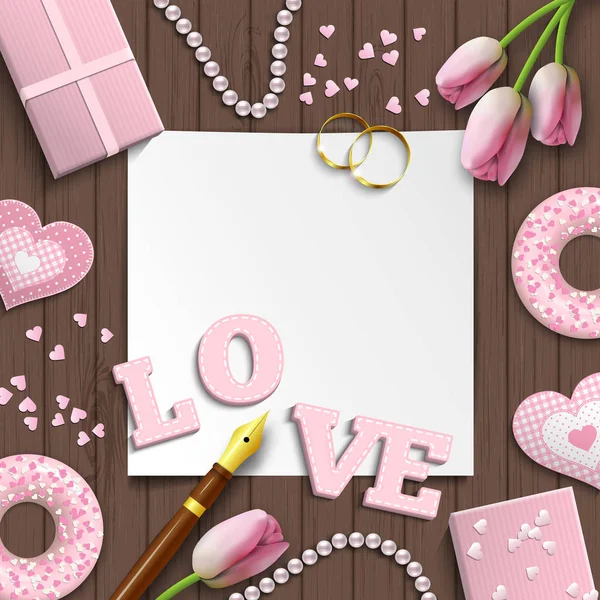Romantische Hochzeit oder Valentinstag Motiv, inspiriert durch flachen Lay-Stil, Illustration — Stockvektor