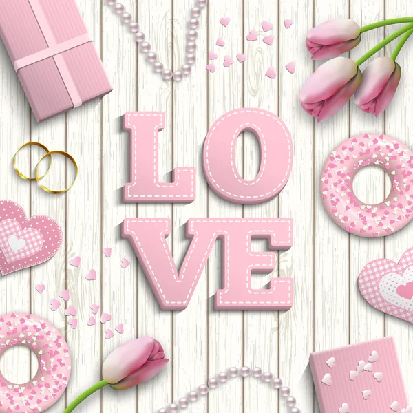 Lettere rosa LOVE, motivo romantico, ispirato allo stile flat lay, illustrazione — Vettoriale Stock