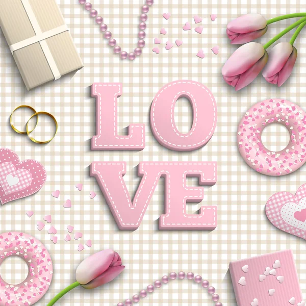 Roze letters liefde, romantisch motief, geïnspireerd door plat lag stijl, illustratie — Stockvector