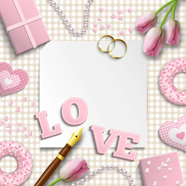 Romantisch huwelijk of Valentijn motief, geïnspireerd door plat lag stijl, illustratie — Stockvector