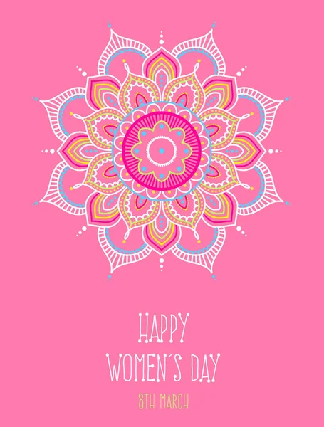 Happy womens day, greeting card with colorful mandala on pink background, illustration — Stock Vector