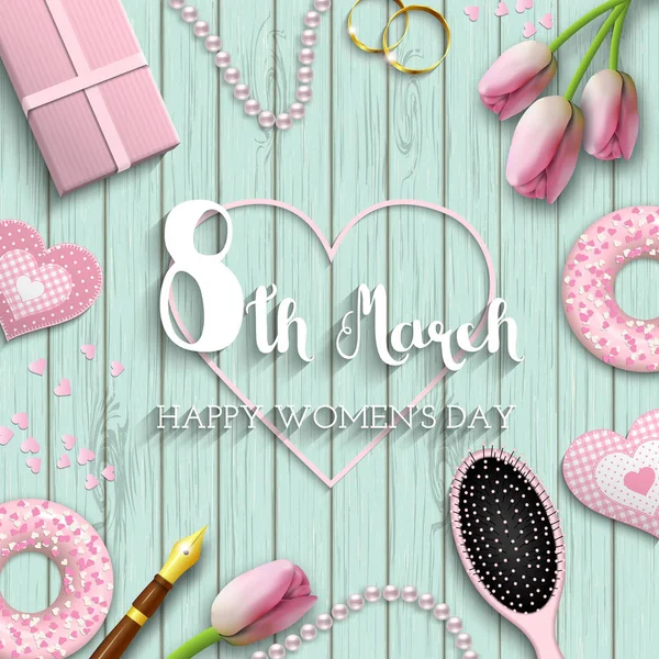 International womens day, 8th march, text on blue wooden background, illustration — Stock Vector