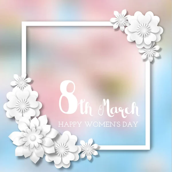 International Womens Day, white frame with 3d abstract flowers on blurred background, illustration — Stock Vector