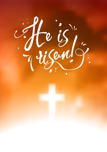 Kristen påsk scen, Saviours kors på dramatiska orange himmel, med texten han är uppstånden, illustration — Stock vektor