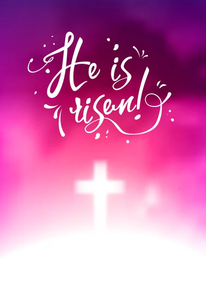 Christliche Osterszene, Retterkreuz auf dramatischem violetten abstrakten Hintergrund, mit Text ist er auferstanden, Illustration — Stockvektor