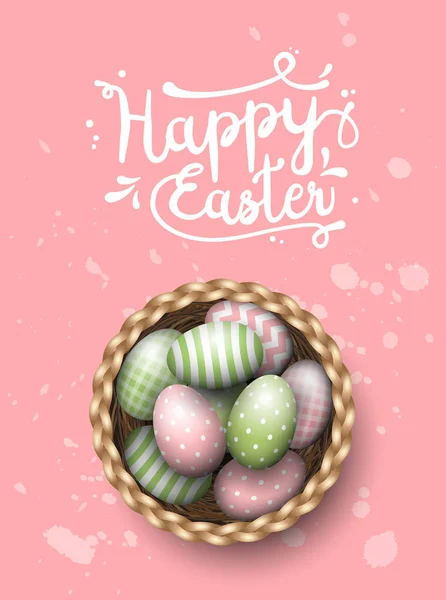 Pembe benekli arka planda, illüstrasyon boyalı Paskalya yumurtaları sepetle — Stok Vektör