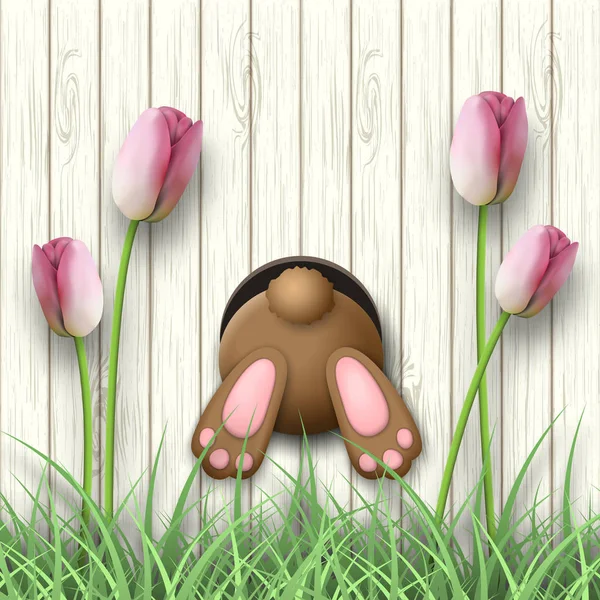 Motivo de Pascua, fondo de conejo, tulipanes rosados y hierba fresca sobre fondo de madera blanca, ilustración — Vector de stock