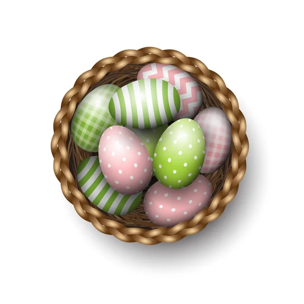 Cesta com ovos de páscoa pintados sobre fundo branco, ilustração —  Vetores de Stock