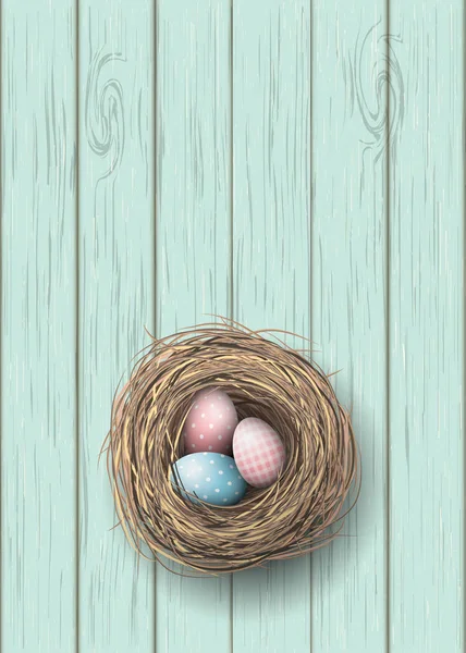 Nido con huevos azules y rosados sobre fondo azul de madera, ilustración — Vector de stock