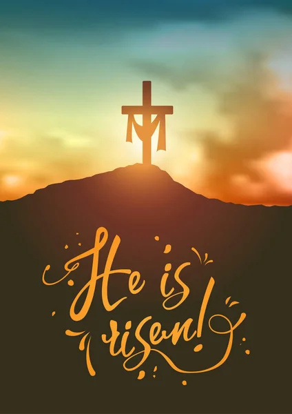 Kristen påsk scen, Saviours kors på dramatiska sunrise scen, med texten han är uppstånden, illustration — Stock vektor