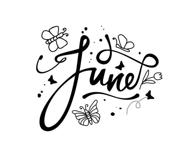 Junio, palabra decorativa con garabatos sobre fondo blanco, ilustración — Vector de stock