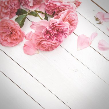 Beyaz ahşap zemin üzerinde romantik pembe güller