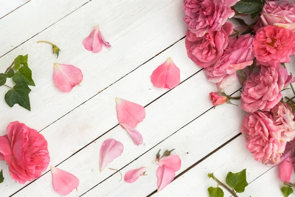 浪漫粉红玫瑰的白色木制背景 — 图库照片