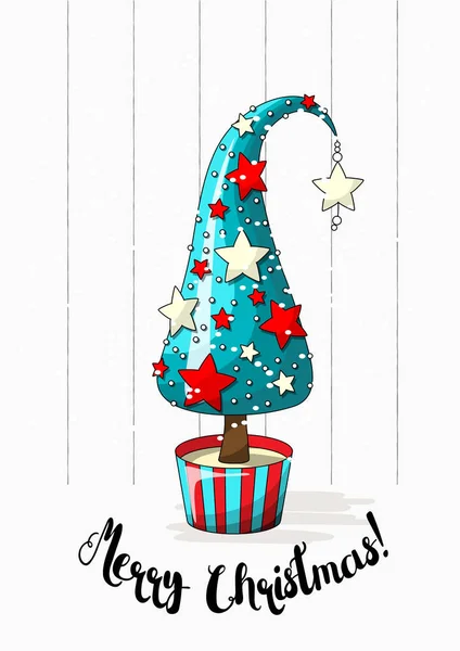 Motif saisonnier, arbre de Noël abstrait avec étoiles, perles et texte Joyeux Noël, illustration vectorielle — Image vectorielle