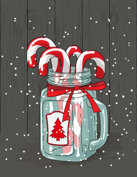 Tema de Natal, bengalas doces em frasco de vidro com fita vermelha, ilustração —  Vetores de Stock