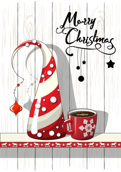 Motif saisonnier, arbre de Noël abstrait. tasse de café rouge et texte Joyeux Noël, illustration vectorielle — Image vectorielle