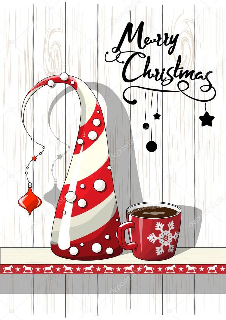 Seasonal motive, abstract christmas tree. red cup of coffee and text Merry Christmas, vector illustration
