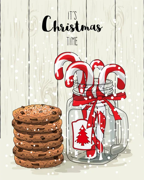 Boże Narodzenie Motyw, laski cukierki w szklanym słoju z czerwoną wstążką i stosu plików cookie, ilustracja — Wektor stockowy
