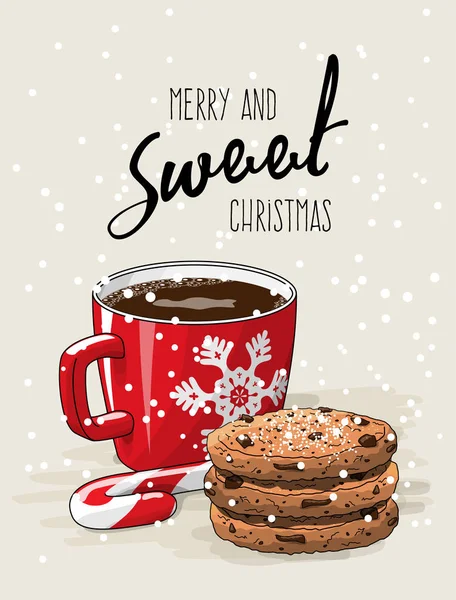 Tema de Natal, xícara vermelha de café com fita vermelha e pilha de biscoitos uma cana de doces, ilustração —  Vetores de Stock