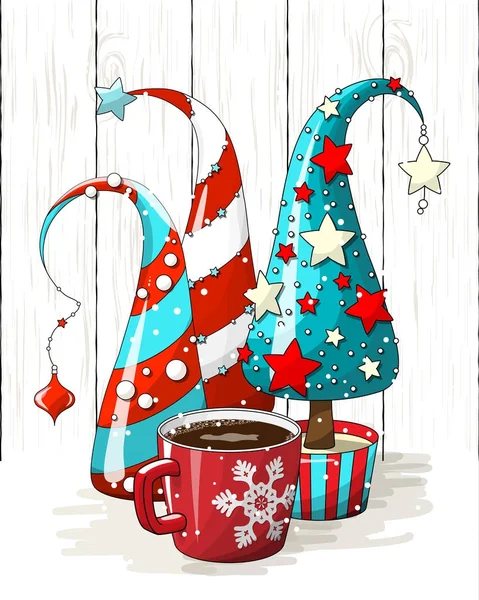 Grupo de árboles de Navidad abstractos y taza de café rojo, motivo de vacaciones, ilustración — Vector de stock