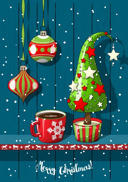 Motywem święta, dekoracje na Boże Narodzenie z drzewa stożek streszczenie i filiżankę kawy, ilustracja — Wektor stockowy
